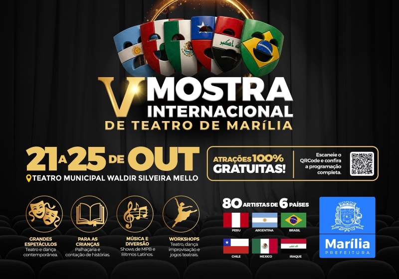 Cartaz da 5ª Mostra Internacional de Teatro de Marília, de 21 a 25 de outubro, com atrações gratuitas.